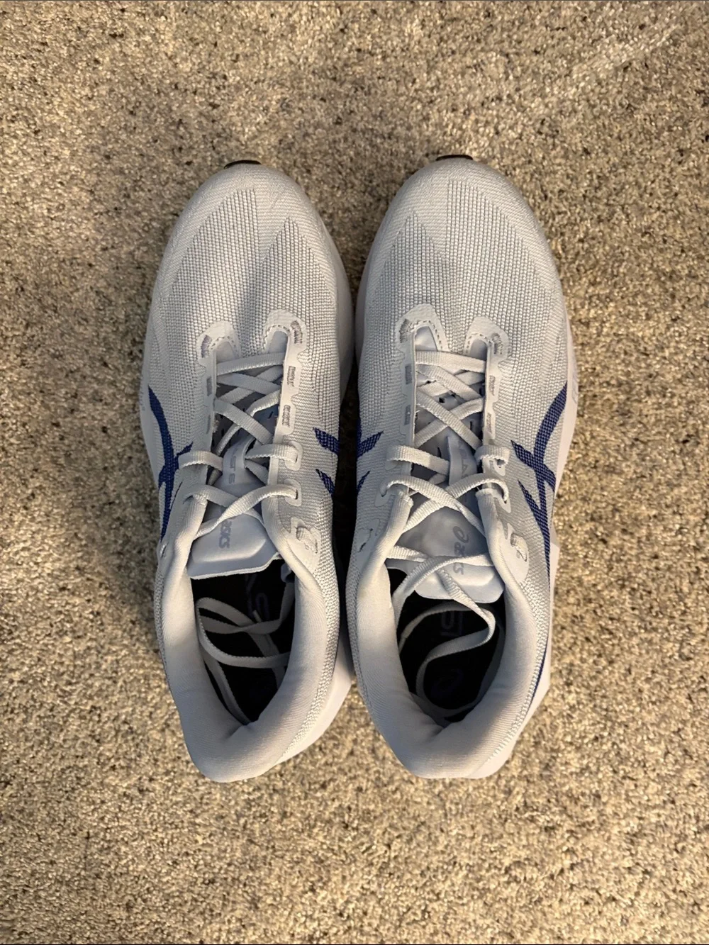 Asics Men’s Novablast 6 Light Gray Athletic Sneakers with Navy Stripes